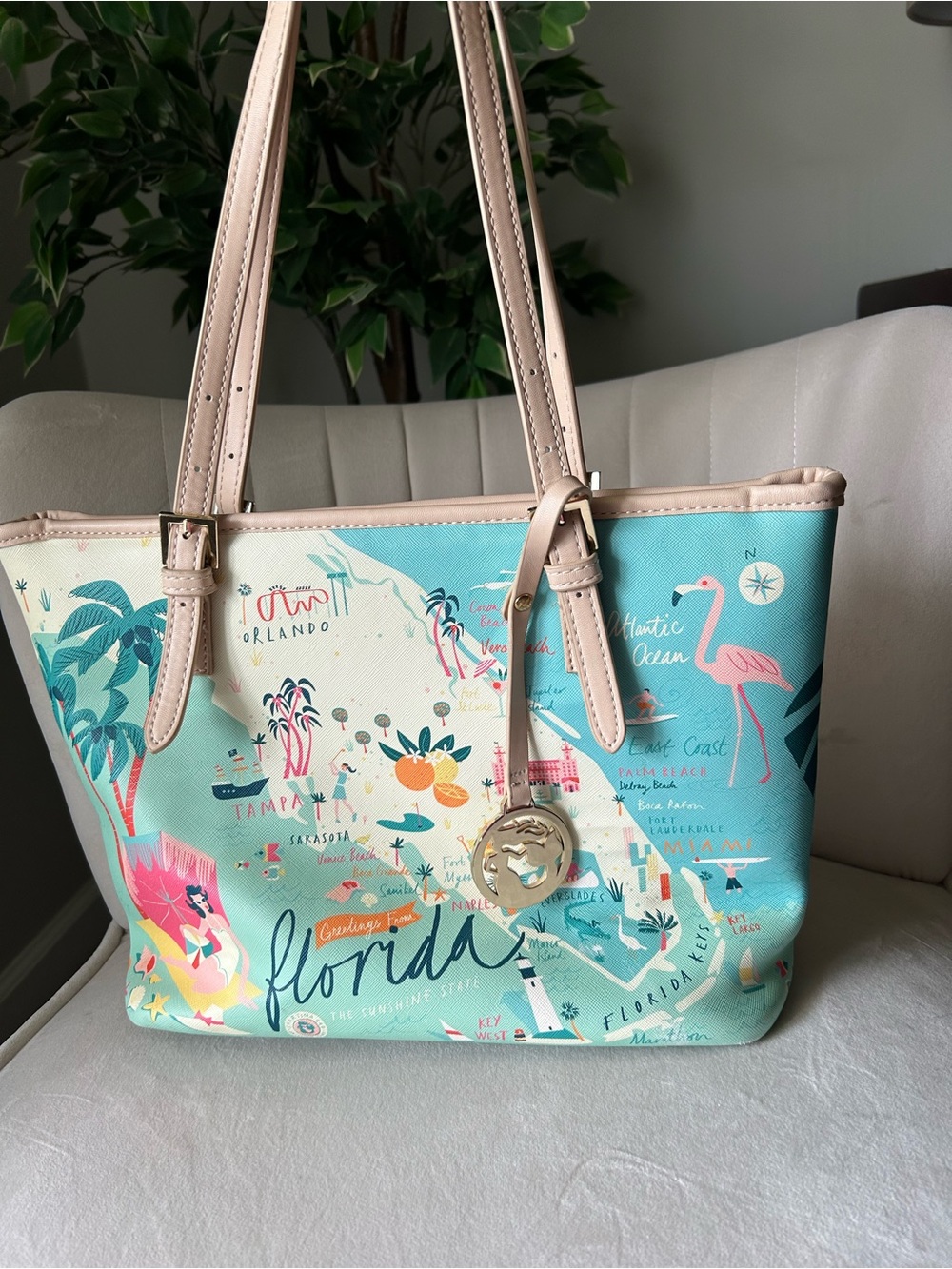 Spartina 449 Teal and Pink Florida Map Tote with Cream Handles - Picture 2 of 16